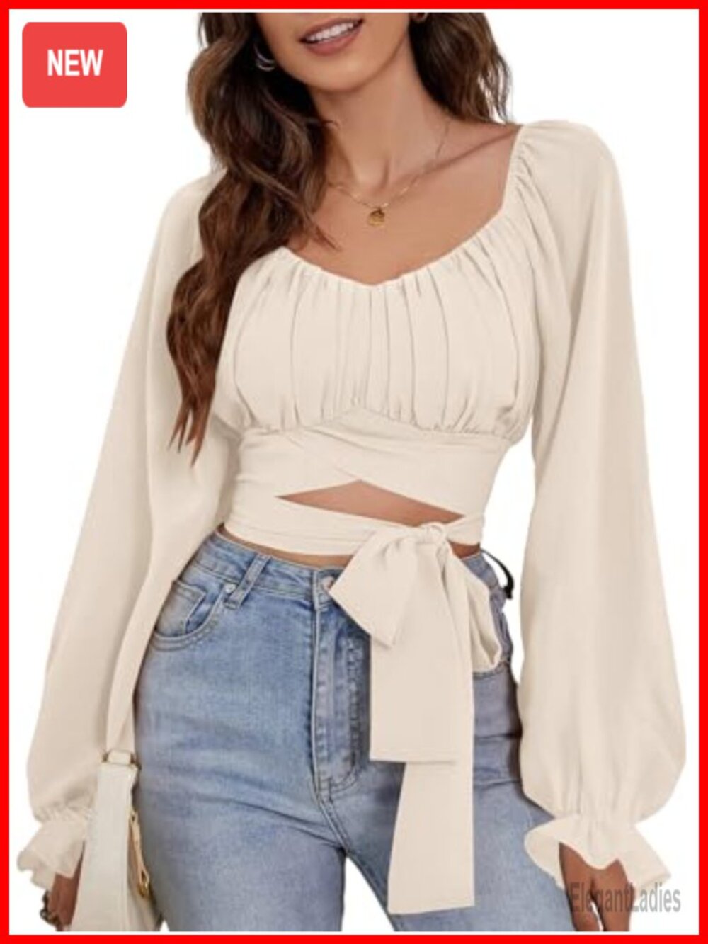 Women's Ruched Wrap Square Neck Flounce Long Sleeve Crop Top Blouse